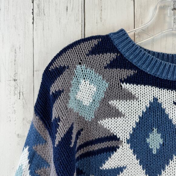 VTG Cafe Blue/White Southwest Aztec Striped Knit Crewneck Sweater Size Medium - Picture 8 of 12